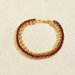 Красный Элегантные теннисные браслеты из латуни с микропаве из кубического циркония, Двухслойные браслеты из шариковой цепочки для женщин, квадратный и круглый, золотые, красные, 7.48 дюйм (19 см)