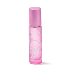 Pearl Pink Glass Essential Oil Roller Bottles, with Lid and Stainless Steel Roller Balls, Refillable Bottles, Column with Fortune Cat Pattern & Chinese Character, Pearl Pink, 2x8.6cm, Hole: 9.5mm, Capacity: 10ml(0.34fl. oz)