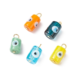 Golden Handmade Evil Eye Lampwork Pendants, with Iron Findings, Column, Golden, 19~19.5x9.5~10.5mm, Hole: 3.5mm