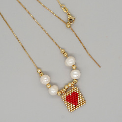 Золотистый Летние стеклянные бусины квадратные с подвеской в виде сердца, ожерелья из натурального жемчуга и латунных бусин для женщин, золотые, золотые, 23.62 дюйм (60 см)