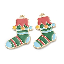 Зеленый Подвески из эмали и сплава, на Рождество, свет позолоченные, Рождественский чулок, зелёные, 28x18x1 мм, отверстие : 1 мм