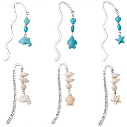 (52) Непрозрачная лаванда 6 шт. 6 стили волнистые закладки из цинкового сплава, Подвеска-закладка из синтетических бирюзовых бусин в виде морской звезды, дельфина, черепахи, разноцветные, 83~85.5 мм, 1 шт / стиль