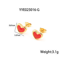 Золотой Французские романтические серьги-гвоздики в форме сердца из нержавеющей стали с эмалью для женщин, золотые, 8.1x10.7 мм