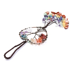 Mixed Stone Wire Wrapped Chakra Chips Natural Gemstone Big Pendant Decorations, with Red Copper Plated Brass Wires and Nylon Cord, Heart with Tree of Life, 160mm