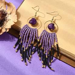 Purple Glass Seed Tassel Earrings for Women, Skull, Dyed Synthetic Turquoise & Brass Dangle Earrings, Purple, 95x30mm