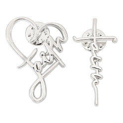 Platine Broche en alliage de zinc à thème religieux (pièces), pour les vêtements, platine, cœur/mot, platine, 4mm, 2 pcs / style