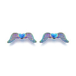 Rainbow Color Rack Plating Alloy Beads, Wing with Heart, Rainbow Color, 7x20x3mm, Hole: 1.5mm