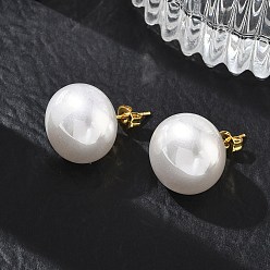 Blanco Pendientes de botón de imitación de perlas de latón y plástico ABS para mujer, rondo, larga duración plateado, chapado en rack, sin plomo y el cadmio, dorado, blanco, 15.5 mm