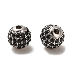 Noir Plaqué rhodium 925 perles en argent sterling micro pavées de zircones cubiques, ronde, Platine plaqué, noir, 6x5.5mm, Trou: 1.4mm