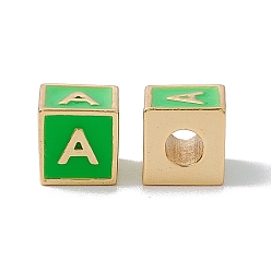 Letter A Стойки покрытие латунь эмаль бисер, без кадмия, без никеля и без свинца, реальный 18 k позолоченный, куб с письмом, зеленый лайм, letter.a, 6x6x6 мм, отверстие : 2.5 мм
