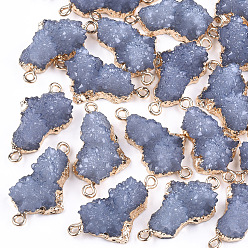 Light Steel Blue Electroplate Druzy Resin Links connectors, with Iron Findings, Nuggets, Light Gold, Light Steel Blue, 28~29x15.5~16x9~10mm, Hole: 1mm