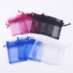 Mixed Color 4 Colors Organza Bags, with Ribbons, Rectangle, Lavender/Medium Violet Red/Blue/Black, Mixed Color, 9~9.5x6.5~7cm, 25pcs/color, 100pcs/set