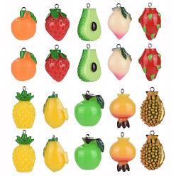 Mixed Color 20Pcs 10 Style Resin Pendants, with Platinum Tone Iron Loops, Imitation Fruit, Peach & Durian & Pineapple & Avocado & Mango & Strawberry & Orange & Apple & Pomegranate, Mixed Color, 23~35x22x15~20mm, Hole: 2mm, 2pcs/style, 20pcs/box