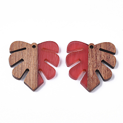 Красный Подвески из смолы и ореха, подвески из тропических листьев, подвеска из листьев монстера, красные, 30x28x3.5 мм, отверстие : 2 мм