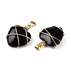 Черный Подвески lampwork, Подвески-сердечки, обернутые медной проволокой, золотые, чёрные, 24x21x9 мм, отверстие : 4x6 мм