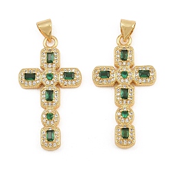 Vert Micro cuivres ouvrent pendentifs zircone cubique, breloques en forme de croix octogonale, sans cadmium et sans plomb, or, verte, 32x17.5x4mm, Trou: 5x3mm