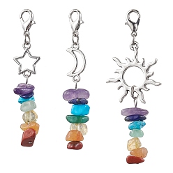 Mixed Shapes 3 шт. 3 стили ювелирные изделия из чакры, украшения с подвесками из натуральных и синтетических драгоценных камней, со звеньями из сплава и застежками-карабинами из цинкового сплава, звезда/луна/солнце, разнообразные, 57~65 мм, 1 шт / стиль