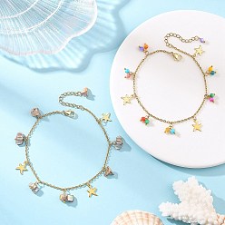 Mixed Color 2Pcs 2 Styles Dyed Natural Freshwater Shell & 304 Stainless Steel Starfish Charm Cable Chain Anklet Sets, Golden, Mixed Color, 9 inch(227~229mm), 1pc/style