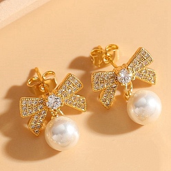 Bowknot Golden Brass with Glass Dangle Stud Earrings, Natural Pearl Drop Earrings, Bowknot, 17x15mm