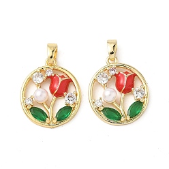 Красный Латунные микро проложить кубического циркония подвески, плоские круглые с цветком, Эмаль стиле, с abs имитационными жемчужными бусинами , реальный 18 k позолоченный, красные, 19.5x16x5 мм, отверстие : 4x3 мм