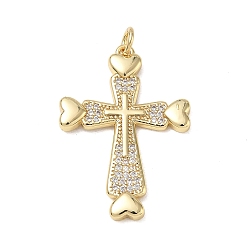 Plaqué 18K Or Véritable Pendentifs en laiton zircon cubique transparent, croix avec des charmes de coeur, sans cadmium et sans plomb, crémaillère plaquage, plaqué longue durée, réel 18 k plaqué or, 32x22x2.5mm, Trou: 3.5mm