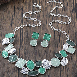 Средний Аквамарин Комплекты из плоских круглых, овальных и квадратных ожерелий и серег-гвоздиков из цинкового сплава с эмалью, средний аквамарин, 420 мм