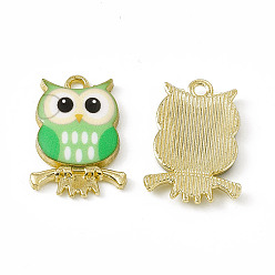 Lime Painted Alloy Pendants, Owl Charm, Cadmium Free & Nickel Free & Lead Free, Golden, Lime, 21.5x15x2.3mm, Hole: 2mm