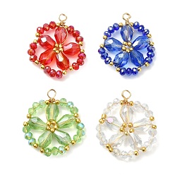 Mixed Color Cooper Wire Wrapped Electroplate Glass Pendants, Flower Charm, Faceted, Light Gold, Mixed Color, 28.5x24x6mm, Hole: 2.4mm