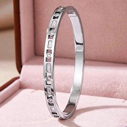 Color de Acero Inoxidable 304 Brazaletes rígidos rectangulares huecos con bisagra, pavé de circonitas cúbicas transparentes y acero inoxidable para mujer, color acero inoxidable, diámetro interior: 2.36 pulgada (6 cm)