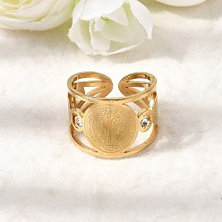 Золотой Религия 201 открытые кольца-манжеты из нержавеющей стали со стразами для мужчин, плоские круглые с святым Бенедиктом, золотые, 15 мм, размер США 7 1/4 (17.5 мм)