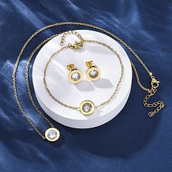 Золотой Плоские круглые 304 ожерелья и браслеты из нержавеющей стали с кубическим цирконием и серьги-гвоздики для женщин, вакуумное покрытие pvd, золотые, 17.95 дюйм (456 мм)