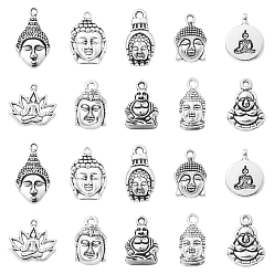 Античное Серебро 100шт 10 стили подвески из цинкового сплава в тибетском стиле, Будда и лотос с йогой, без кадмия и без свинца, античное серебро, 14~29x8~19x3~5 мм, отверстие : 2 мм, 10 шт / стиль