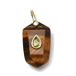 Tiger Eye Natural Tiger Eye Pendants, Faceted Hexagon Charms with Brass Micro Pave Cubic Zirconia Findings, Golden, 32.5x14.5x9mm, Hole: 4.5x6.5mm