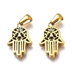 Oro Revestimiento iónico (ip) 304 colgantes de acero inoxidable, pulido manual, hamsa mano / mano de fatima / mano de miriam, dorado, 21.5x14x3 mm, agujero: 6x3 mm