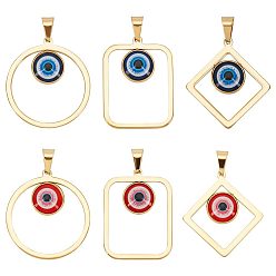 (52) Непрозрачная лаванда 6 шт. 6 стили вакуумное покрытие pvd сглаз 304 подвески из нержавеющей стали и смолы, с 201 защелкой из нержавеющей стали на дужке, иди лден, ромб и кольцо и прямоугольник, разнообразные, разноцветные, 36~37.5x28~33.5x4~4.5 мм, отверстие : 9x4.5 мм, 1 шт / стиль