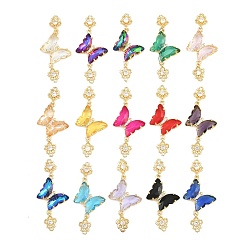 Mixed Color Brass Micro Pave Cubic Zirconia Connector Charms, Butterfly with Flower Links, with Glass, Lead Free & Cadmium Free, Long-Lasting Plated, Rack Plating, Real 18K Gold Plated, Mixed Color, 46x21x4mm, Hole: 1.4mm