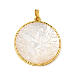 White Shell Rack Plating Carved Natural White Shell Pendants, Flat Round with Butterfly Charm, with Brass Findings, 30x27x30mm, Hole: 5.5x3.5mm