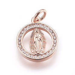 Розовое Золото Латунные микро проложить кубического циркония подвески, леди гваделупской чары, без свинца и без кадмия, плоские круглые с Девой Марией, розовое золото , 15.5x13x2 мм, отверстие : 3 мм