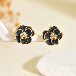 Черный Серьги-гвоздики из латуни с цветком, реальный 18 k позолоченный, чёрные, 16x16 мм