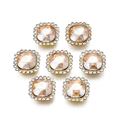 Goldquarz Nähen auf Rhinestone, transparenter Glasrhinestone, mit eisernen Krappenfassungen, facettiert, Viereck, Goldquarz, 14x14x6.5 mm, Bohrung: 1.5 mm