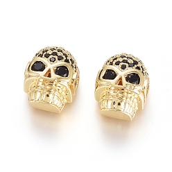 Real 18K Gold Plated Brass Micro Pave Cubic Zirconia Beads, Long-Lasting Plated, for Halloween, Skull Head, Black, Real 18K Gold Plated, 12.5x9.5x7mm, Hole: 2x2.5mm
