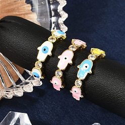 (52) Непрозрачная лаванда Кольца-манжеты из латуни с микропаве из прозрачного кубического циркония и эмалью для женщин, без кадмия, без никеля и без свинца, Хамса руку с дурным глазом, реальный 18 k позолоченный, разноцветные, внутренний диаметр: регулируемый