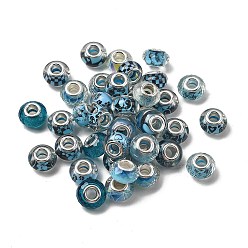 Темно-Голубой Европейские бусины из прозрачной смолы с печатью, бусины с большим отверстием, рондель с латунными сердечниками, покрытыми серебром, и блестящей пудрой, глубокое синее небо, 14x8.5 мм, отверстие : 5 мм