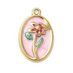 Настоящее золото 18K 304 прелести нержавеющей стали, овал с цветочными подвесками, с эмалью и стразами, ионное покрытие (ip), реальный 18 k позолоченный, 17.5x11.5x2 мм, отверстие : 1.2 мм