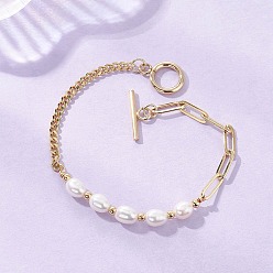 Настоящее золото 18K Браслеты из натурального культивированного пресноводного жемчуга с бисером, латунные цепочки-скрепки и панцирные браслеты для женщин, с 304 из нержавеющей стали тумблеров застежками, реальный 18 k позолоченный, 7-1/2 дюйм (19 см)