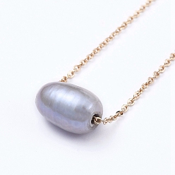 Light Grey Natural Cultured Freshwater Pearl Pendant Necklaces, with Lobster Claw Clasps, Oval, Golden, Light Grey, 15.9 inch(40.5cm)