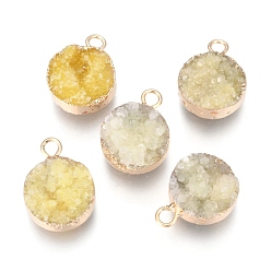 Желтый Естественно druzy агат подвески, с реальной 18 k позолоченной латунью, долговечный, плоско-круглые, окрашенные, желтые, 18~20x14x5~10 мм, отверстие : 2~3 мм