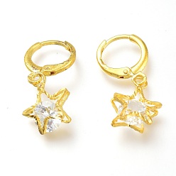 Golden Brass Huggie Hoop Earrings, with Clear Cubic Zirconia, Star, Golden, 27mm, Pin: 0.8mm