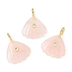 Розовый Кварц Резные подвески из натурального розового кварца, Подвески в форме ракушки с латунными микрофибровыми вставками., золотые, стойки покрытие, 28~29x22.5x7.5~8 мм, отверстие : 3.5 мм