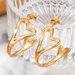 Золотой 304 серьги-гвоздики из нержавеющей стали для женщин, полые сердца, золотые, 26x14.5 мм